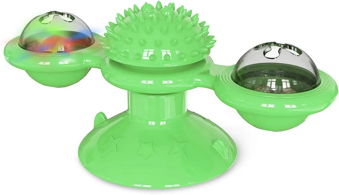 Windmill Cat Toy with Catnip, Interactive Cat Spinning Toys with Suction Cup Kitten Turntable Massage Toy for Indoor Cats (Green)