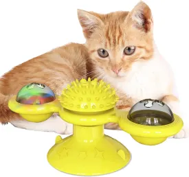 Windmill Cat Toy with Catnip, Interactive Cat Spinning Toys with Suction Cup Kitten Turntable Massage Toy for Indoor Cats (Yellow)