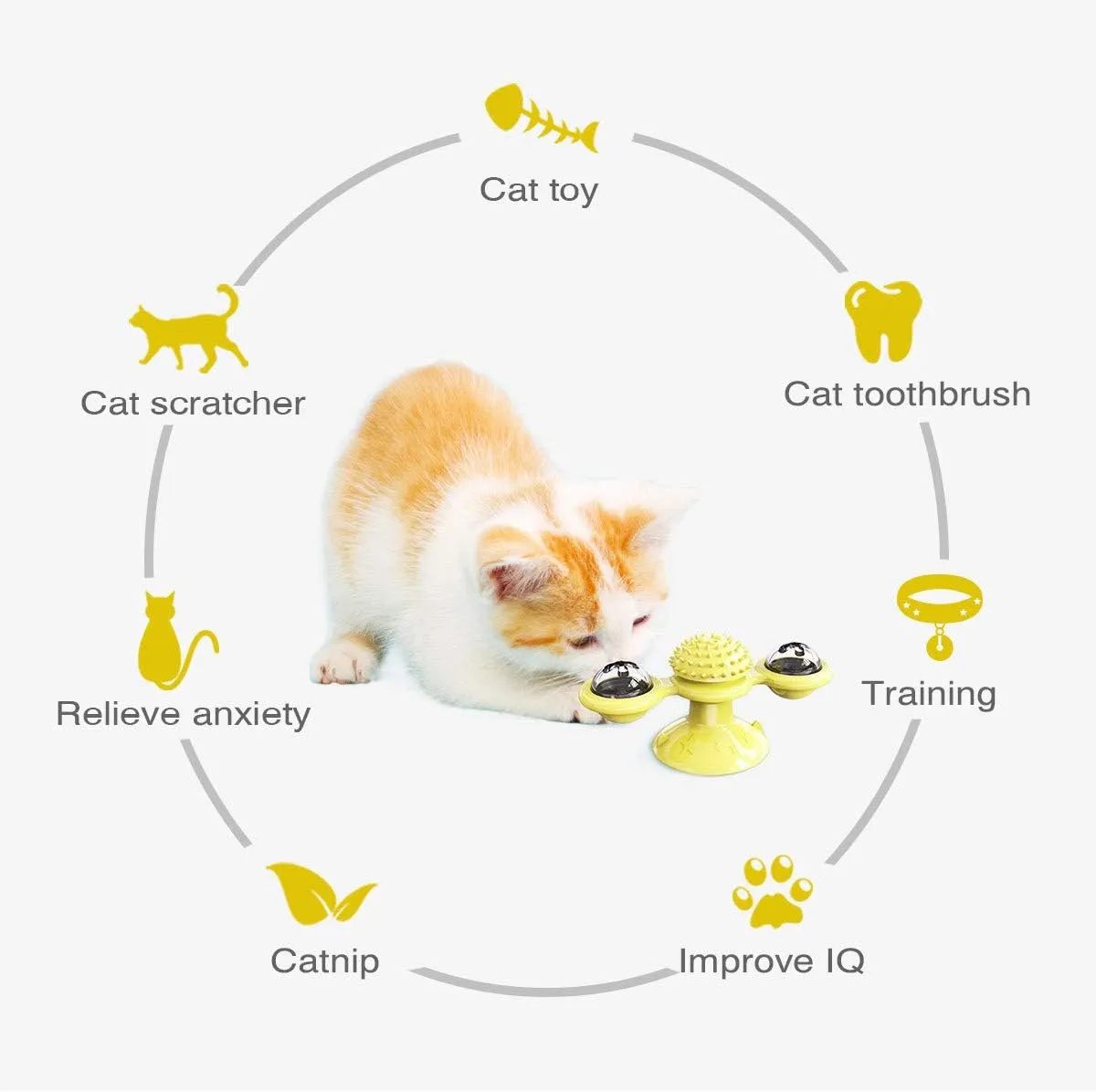 Windmill Cat Toy with Catnip, Interactive Cat Spinning Toys with Suction Cup Kitten Turntable Massage Toy for Indoor Cats (Yellow)