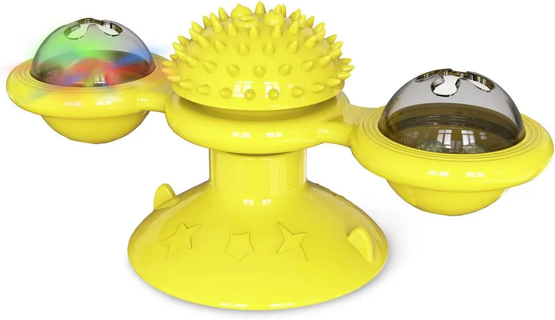 Windmill Cat Toy with Catnip, Interactive Cat Spinning Toys with Suction Cup Kitten Turntable Massage Toy for Indoor Cats (Yellow)