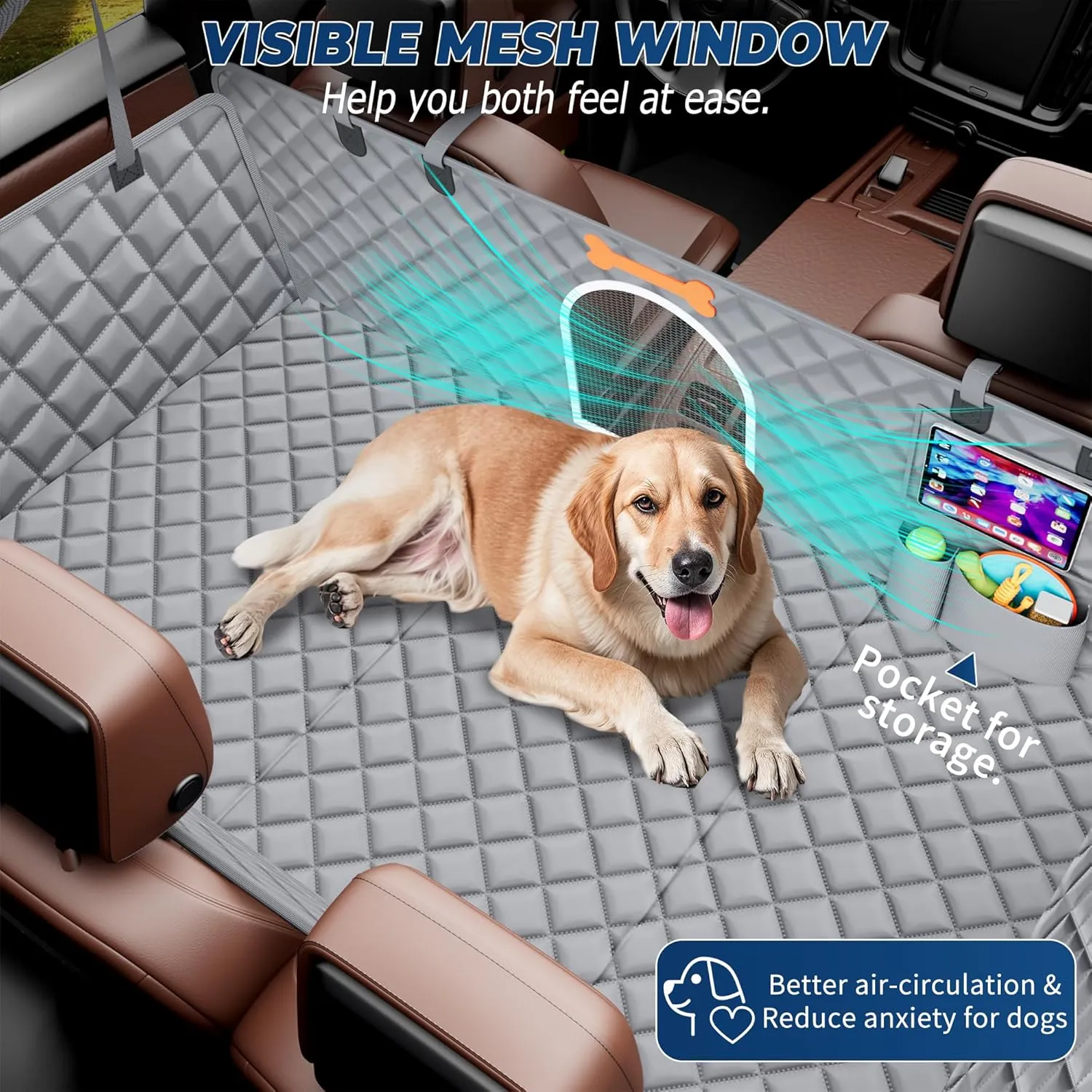 XXL Dog Car Seat Cover for Back Seat Hard Bottom, Truck Pet Back Seat Extender, 100% Waterproof&Scratchproof Backseat Protector, Nonslip Dog Bed Hammock for Pickup Truck Car Crew Cab F150 (Gray)