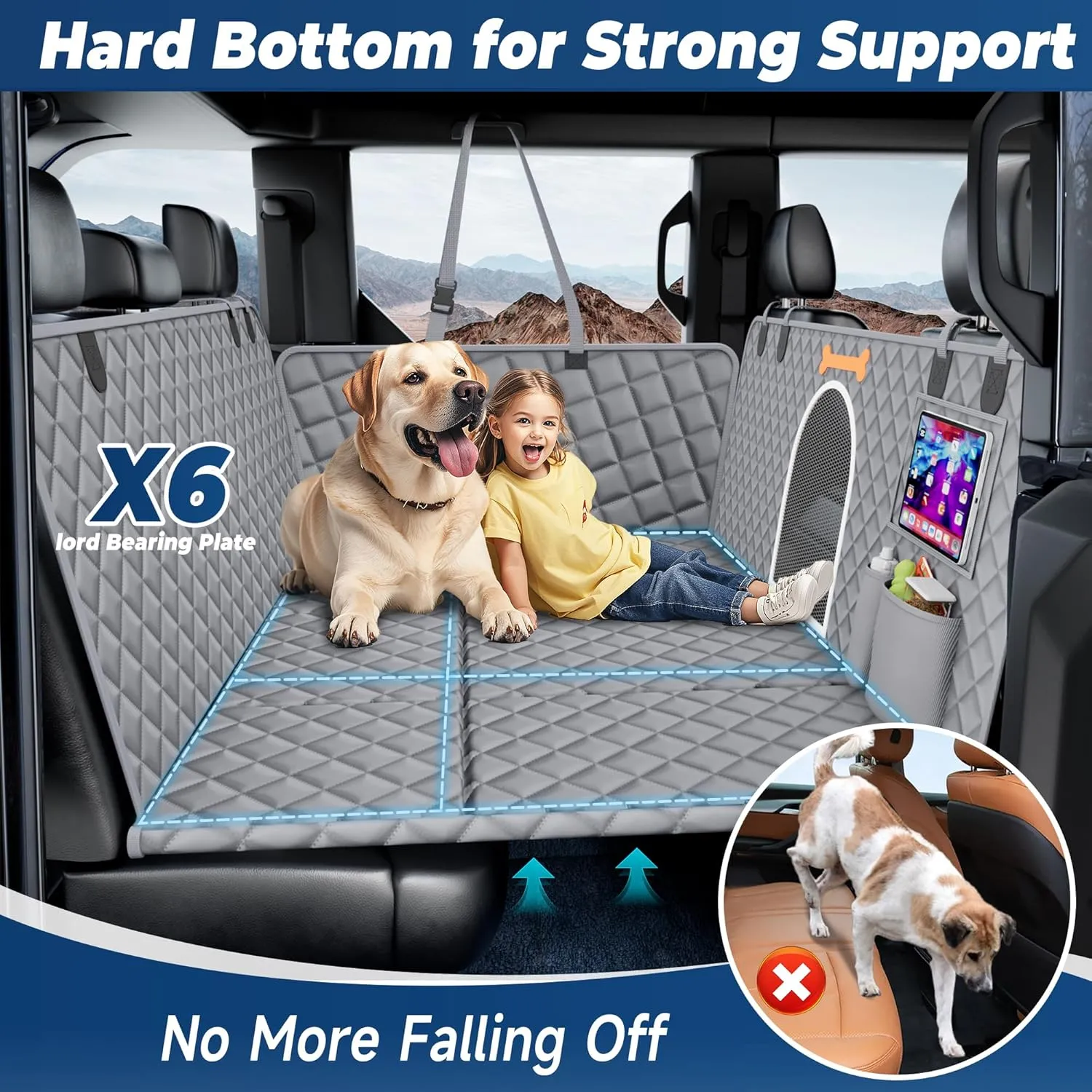 XXL Dog Car Seat Cover for Back Seat Hard Bottom, Truck Pet Back Seat Extender, 100% Waterproof&Scratchproof Backseat Protector, Nonslip Dog Bed Hammock for Pickup Truck Car Crew Cab F150 (Gray)