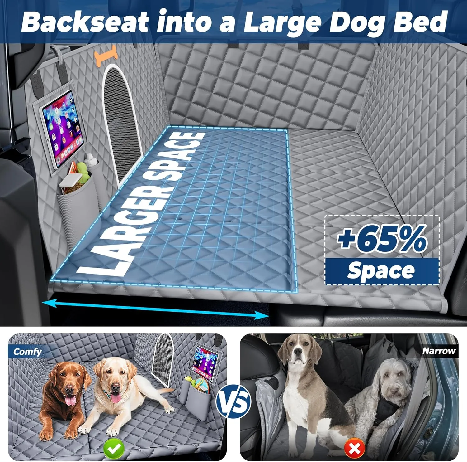 XXL Dog Car Seat Cover for Back Seat Hard Bottom, Truck Pet Back Seat Extender, 100% Waterproof&Scratchproof Backseat Protector, Nonslip Dog Bed Hammock for Pickup Truck Car Crew Cab F150 (Gray)