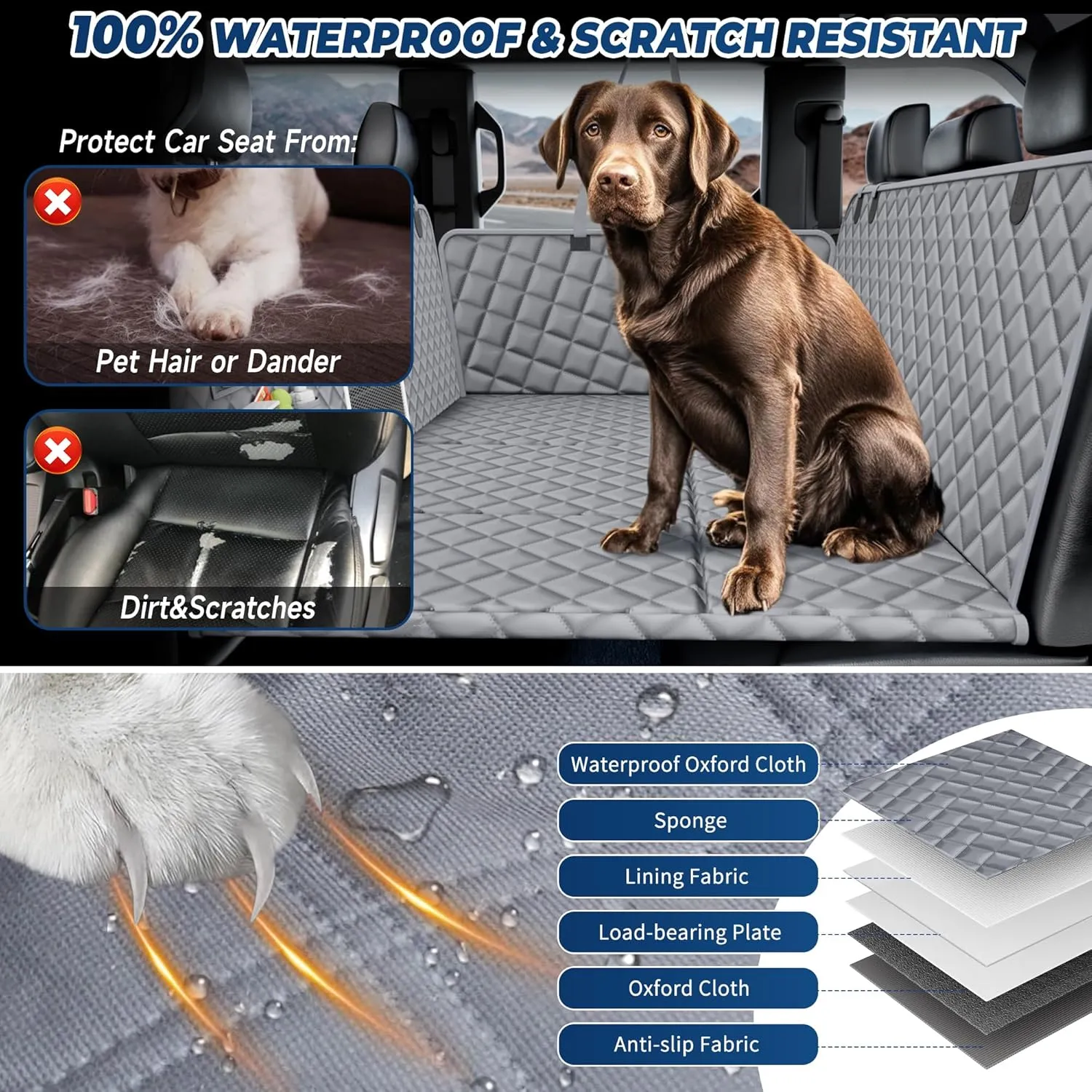 XXL Dog Car Seat Cover for Back Seat Hard Bottom, Truck Pet Back Seat Extender, 100% Waterproof&Scratchproof Backseat Protector, Nonslip Dog Bed Hammock for Pickup Truck Car Crew Cab F150 (Gray)