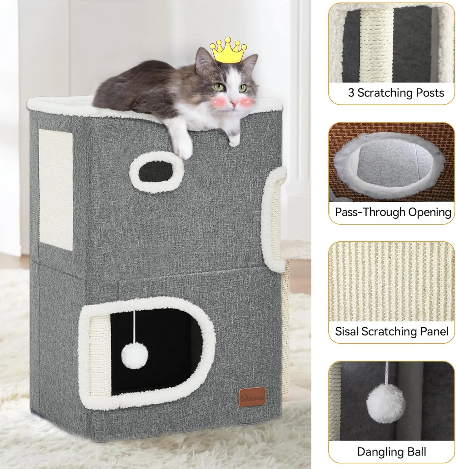 YITAHOME 2-Tier Cat House, Indoor Cat Cave Bed Playhouse, Covered Cat Beds & Furniture with Scratch Pad and Hideaway Cave, Cute Modern Cat Condo Furniture for Multi Small Cats, Grey
