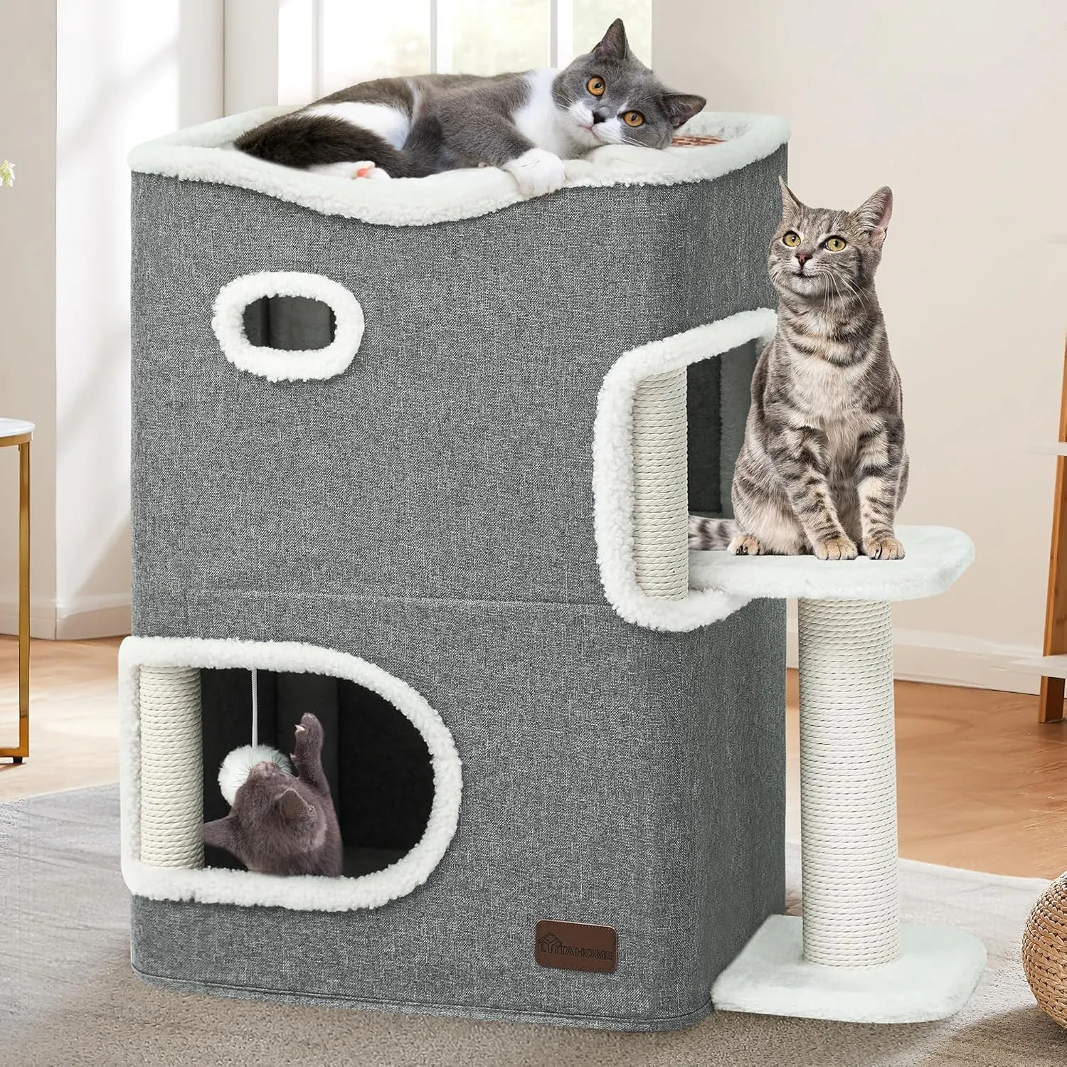 YITAHOME 2-Tier Cat House, Indoor Cat Cave Bed Playhouse, Covered Cat Beds & Furniture with Scratch Pad and Hideaway Cave, Cute Modern Cat Condo Furniture for Multi Small Cats, Grey