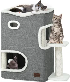 YITAHOME 2-Tier Cat House, Indoor Cat Cave Bed Playhouse, Covered Cat Beds & Furniture with Scratch Pad and Hideaway Cave, Cute Modern Cat Condo Furniture for Multi Small Cats, Grey