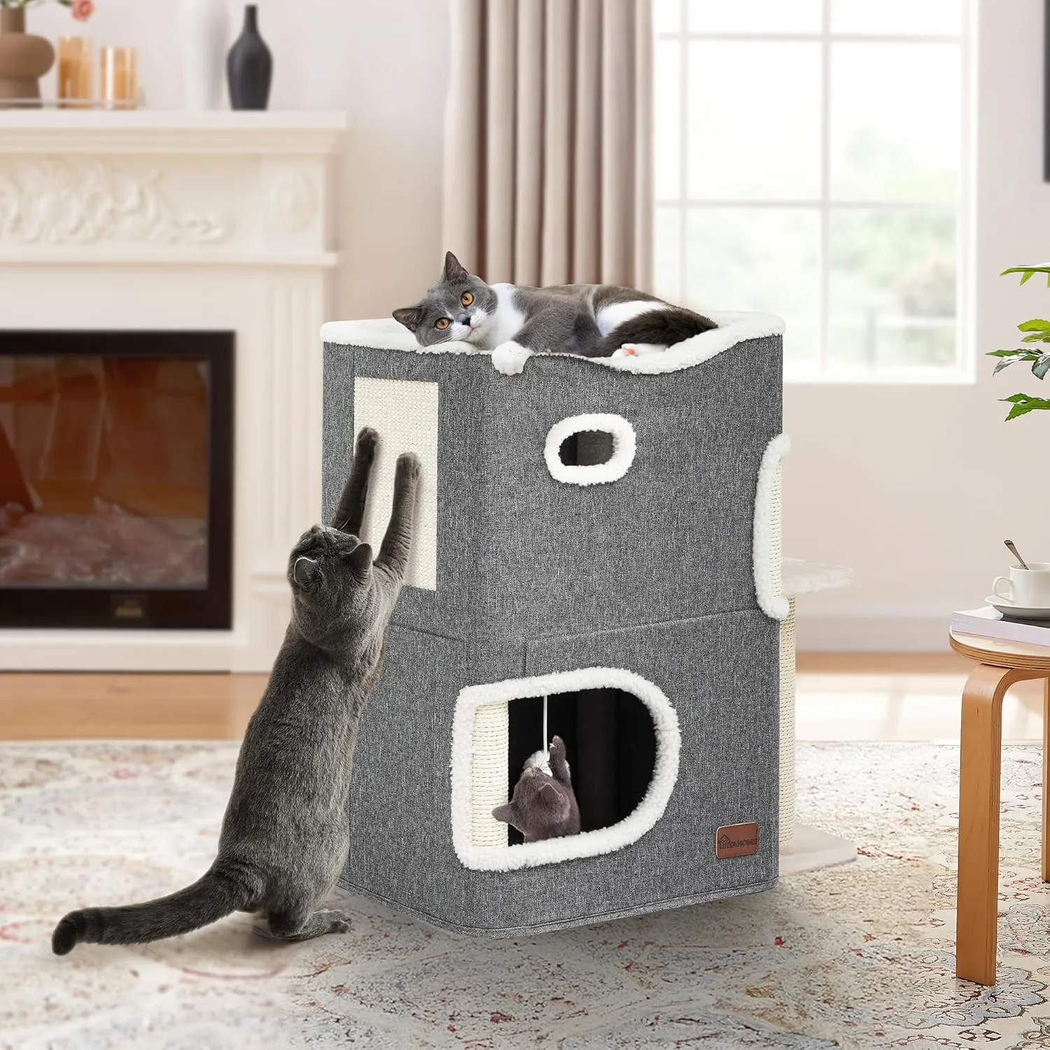 YITAHOME 2-Tier Cat House, Indoor Cat Cave Bed Playhouse, Covered Cat Beds & Furniture with Scratch Pad and Hideaway Cave, Cute Modern Cat Condo Furniture for Multi Small Cats, Grey