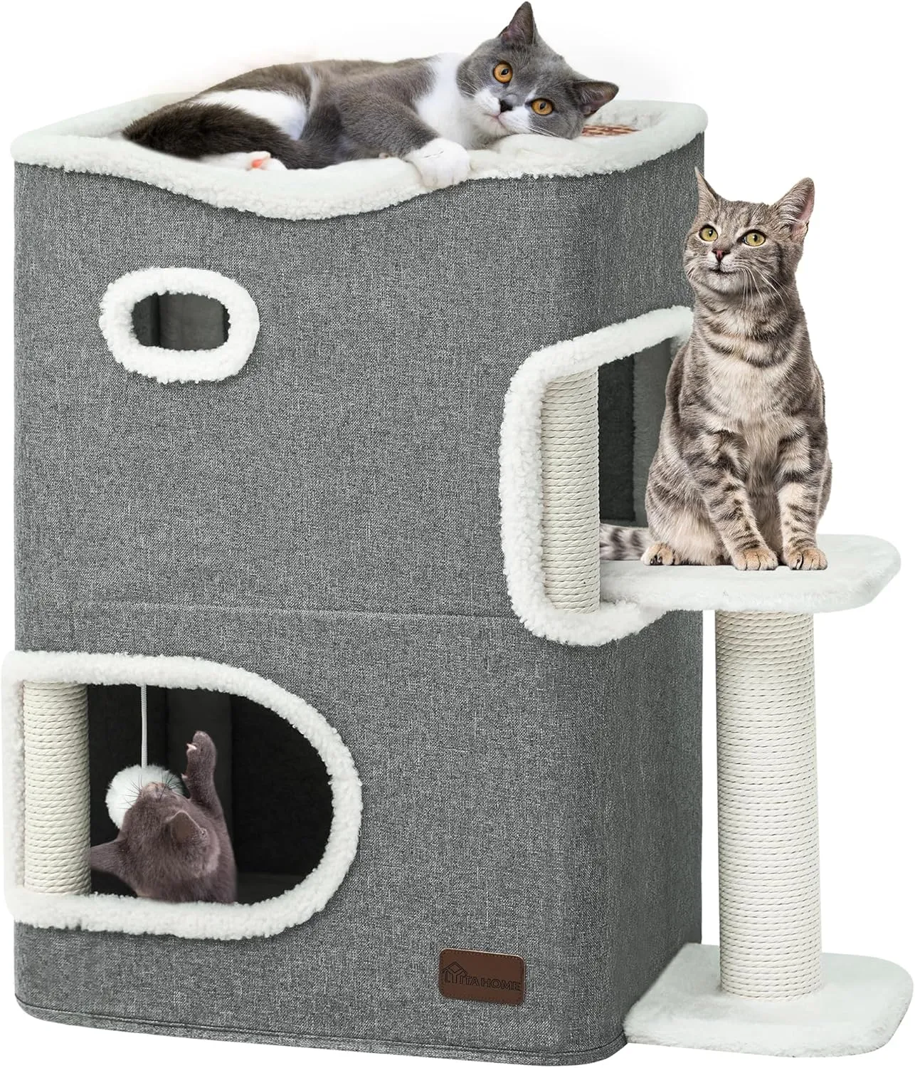 YITAHOME 2-Tier Cat House, Indoor Cat Cave Bed Playhouse, Covered Cat Beds & Furniture with Scratch Pad and Hideaway Cave, Cute Modern Cat Condo Furniture for Multi Small Cats, Grey