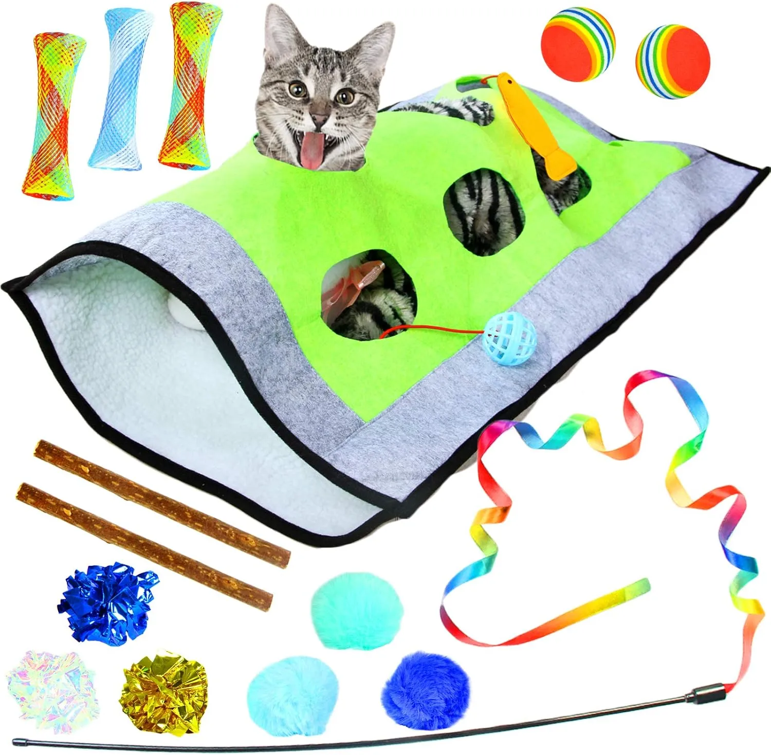 Youngever 15 Kitten Toys Assortment, Cat Play Mat, Cat Teaser Wand, Crinkle Balls for Kitten & Puppy